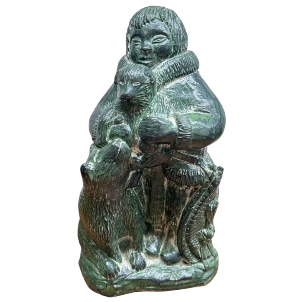 The Wolf Sculptures Soapstone 7.5” Carving Inuit With Bear & Cub Made in Canada